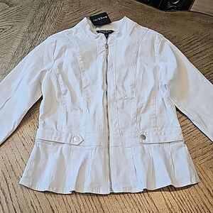 White denim peplum zip up jacket PM NWT  Baccini